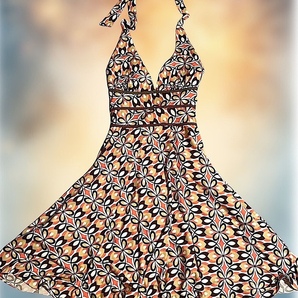 Vintage Alyn Paige Brown yellow funky Halter dress lace babydoll deadstock